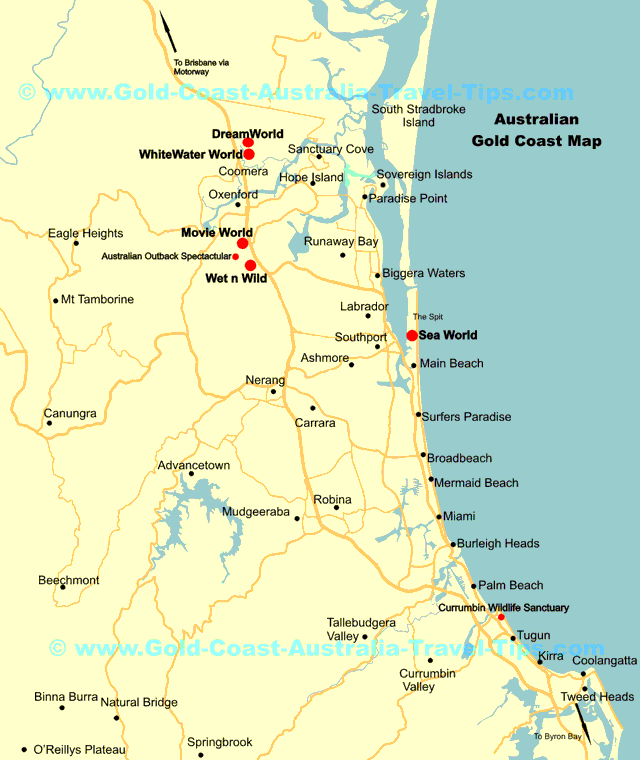 brisbane gold coast map. Gold Coast Theme Park Map