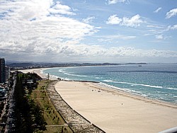 Looking at Coolangatta Beach towards Kirra. Gold Coast Airport is behind the beach strip in the distance.