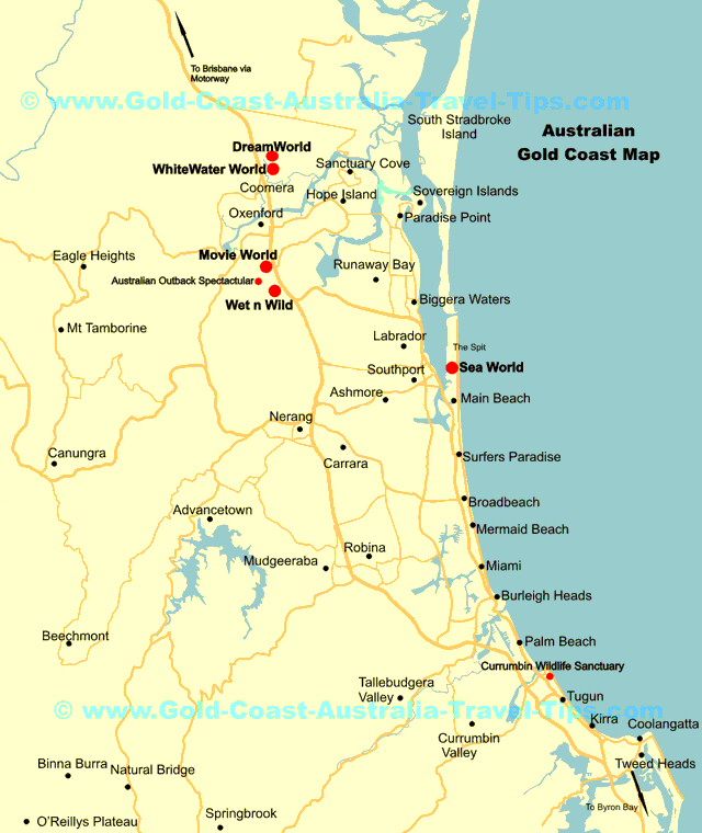 Gold Coast Theme Park Map Showing Major Gold Coast Theme Parks