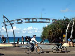 Famous Surfers Paradise sign at the end of Cavill Mall leads onto the fabulous beach