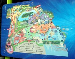 Dreamworld Gold Coast theme park map on a sign in the park.