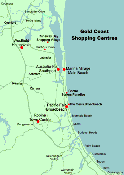 Map Of The Gold Coast showing major shopping centres