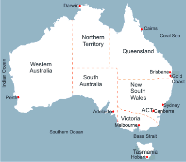 Map of Australia showing states, territories and capital cities.